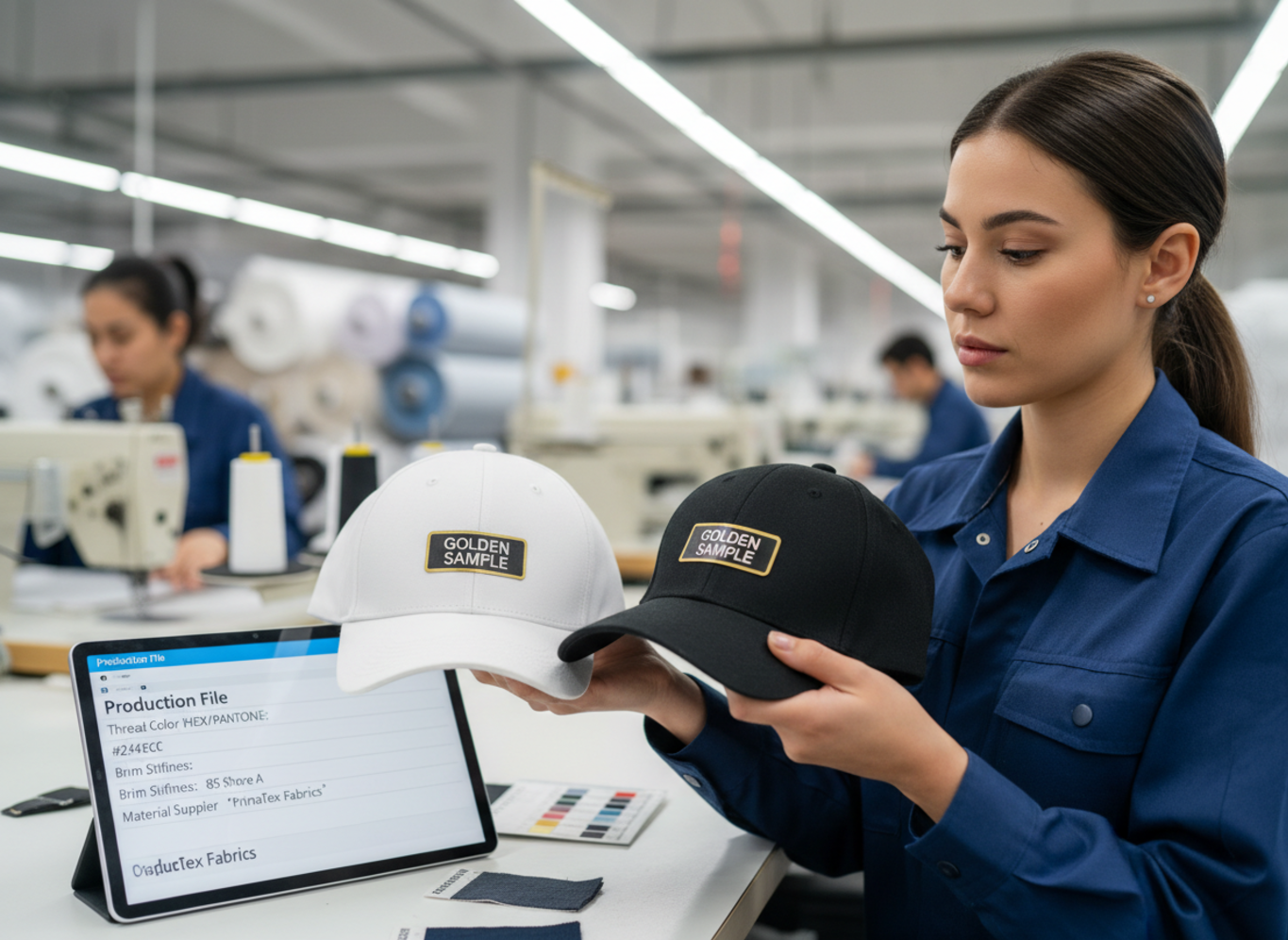 worker comparing two caps