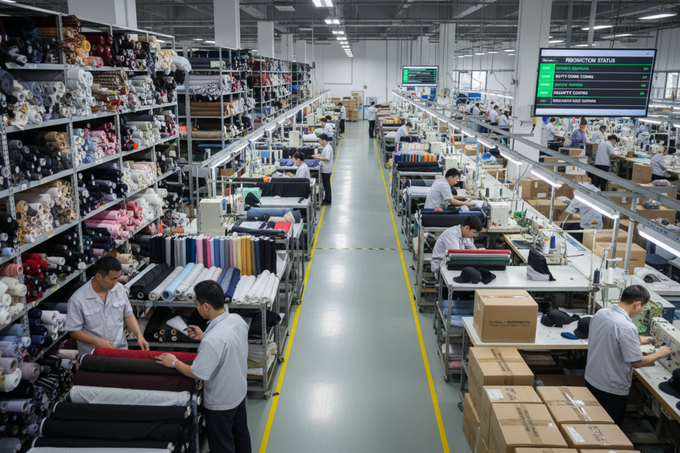 custom headwear factory capabilities with fabric rolls