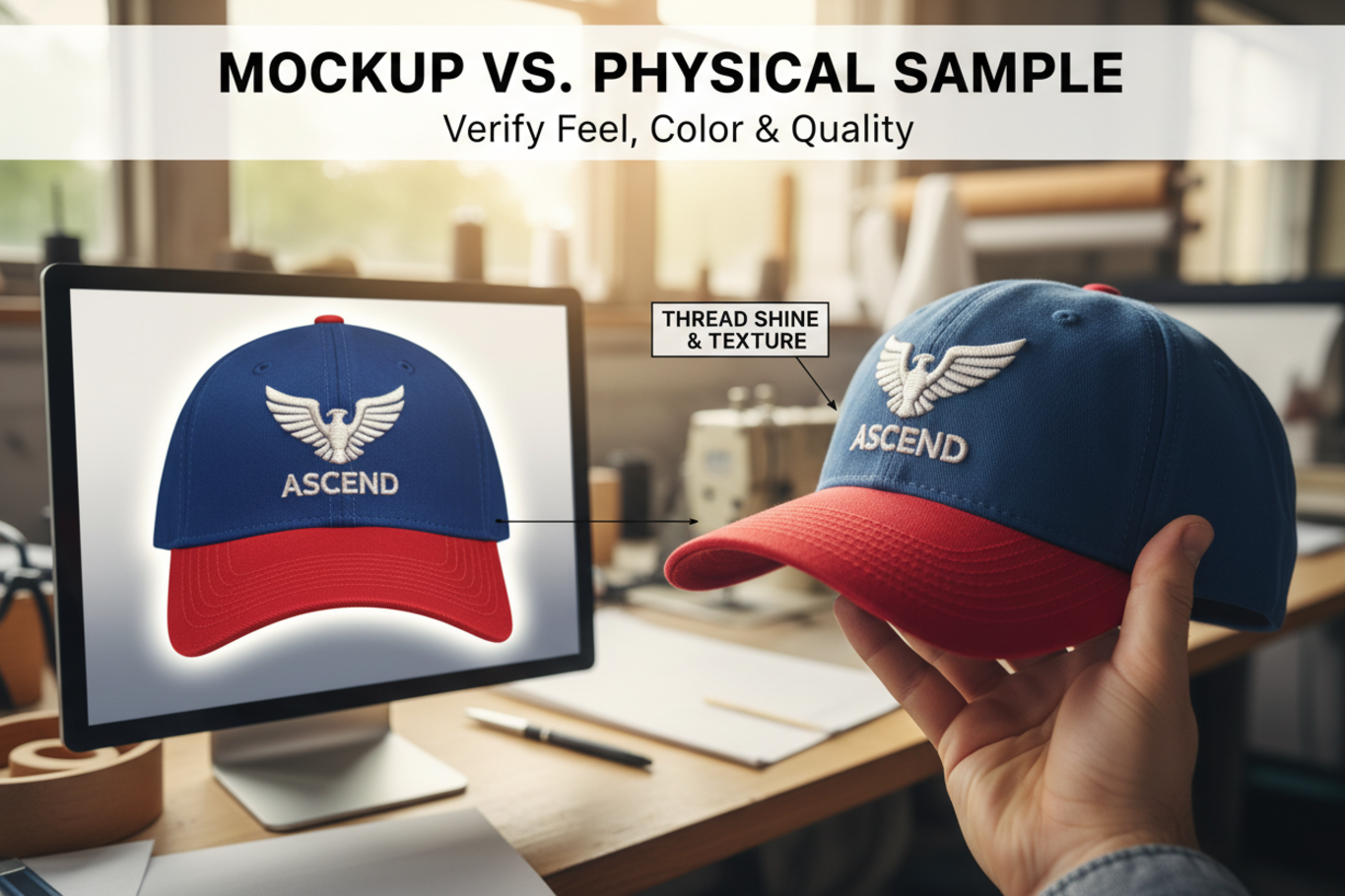 comparing digital mockup to physical hat sample