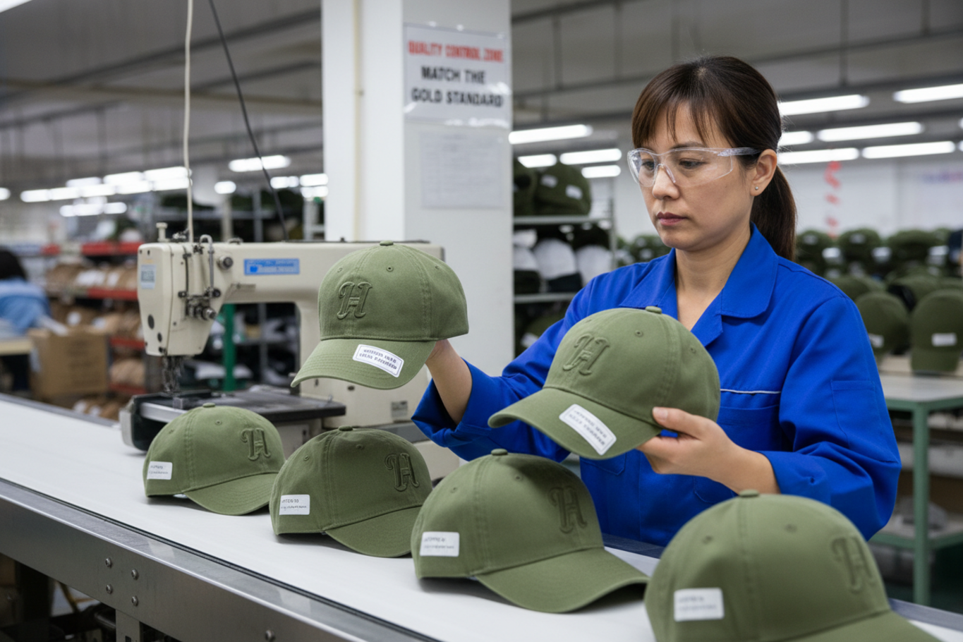 factory worker comparing bulk hat to sample