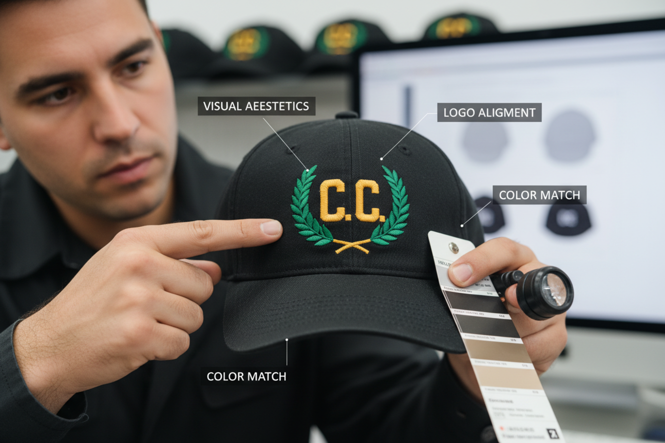 Inspecting Custom Hat Quality inspecting custom hat embroidery and stitching