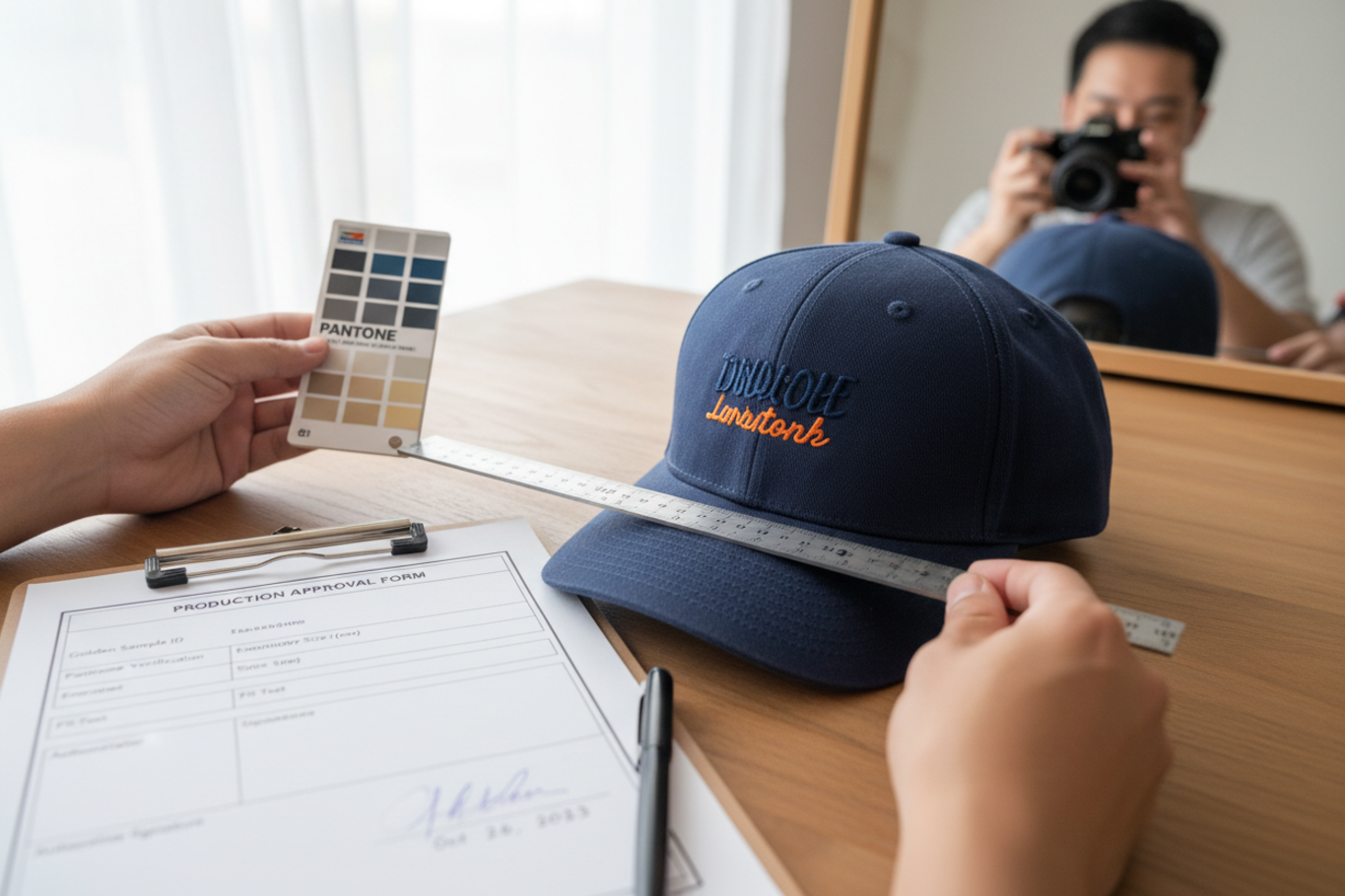 Approving Custom Hat Sample approving custom hat sample before production