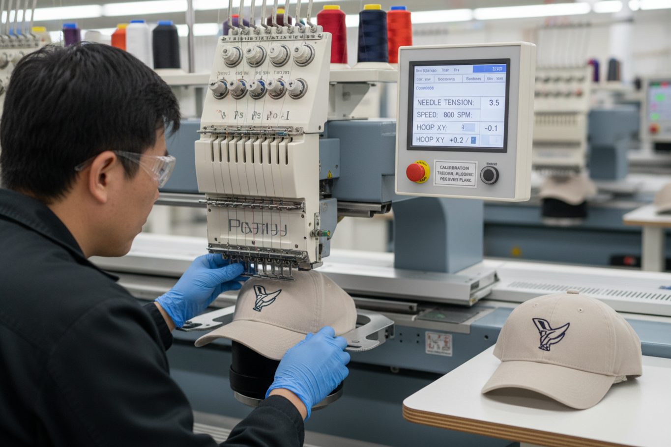 calibrating embroidery machine for hat logos