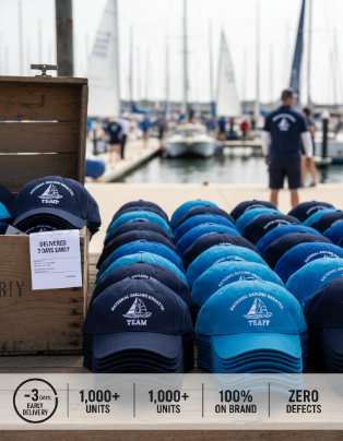 National sailing event team hats with bold embroidered logos