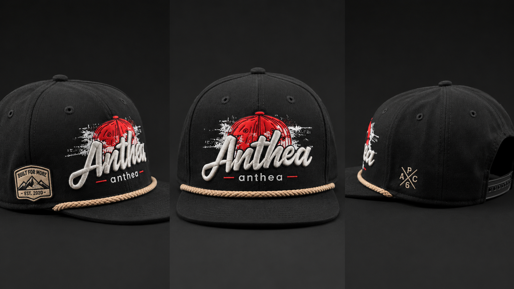 Close-up of a custom snapback hat with 3D embroidery and vintage rope detail rotating from side to front