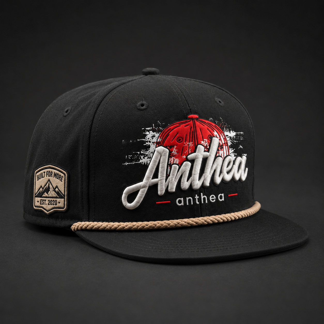 Custom snapback hat with 3D puff embroidery and vintage rope detail