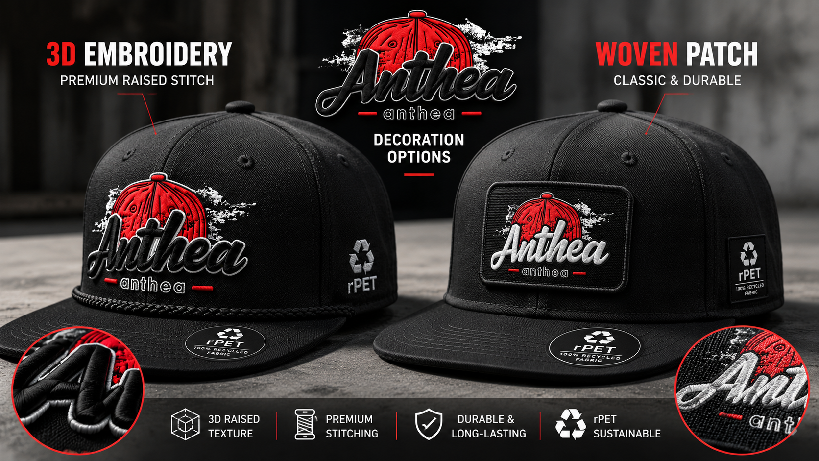 Comparison of 3D embroidery and woven patch decoration on custom snapback hats