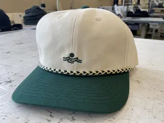 Custom rope hat with contrast rope trim and logo embroidery
