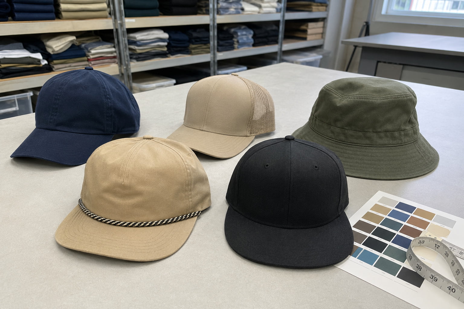 A casual sample-room table with several blank custom hat styles